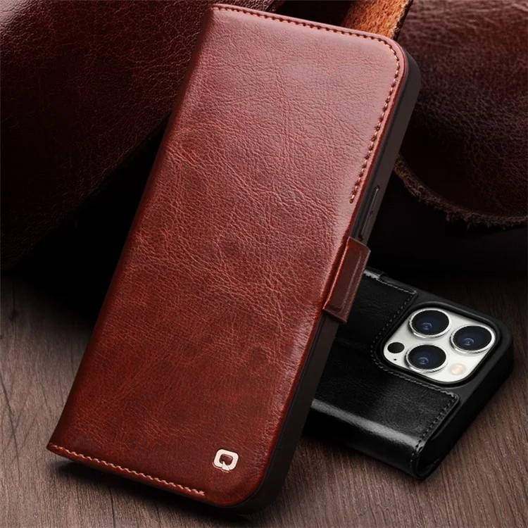 QIALINO For iPhone 15 Pro Max Genuine Cow Leather+TPU Phone Case Magnetic Closure Full Protection Phone Cover - Dark Brown