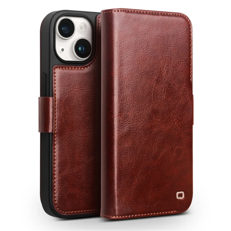 QIALINO Genuine Cow Leather+TPU Phone Case for iPhone 15 Plus Magnetischer Verschluss Stoßfeste Telefonabdeckung - Dunkelbraun