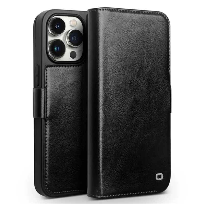 QIALINO Funda Antirrevolcones para iPhone 15 Pro de Cuero Vacuno Auténtico + TPU, Cierre Magnético - Negro