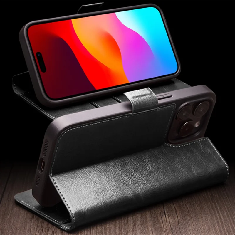 QIALINO Funda Antirrevolcones para iPhone 15 Pro de Cuero Vacuno Auténtico + TPU, Cierre Magnético - Negro