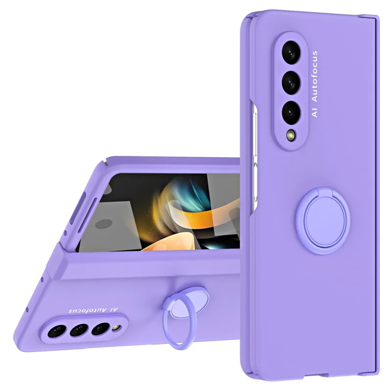 For Samsung Galaxy Z Fold3 5G Macaron Hard PC Phone Cover with Front Screen Film Kickstand Case Support Magnetic Car Mount - Purple
