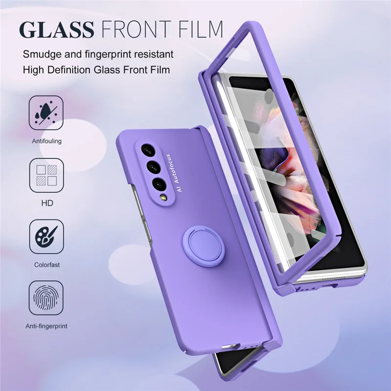 For Samsung Galaxy Z Fold3 5G Macaron Hard PC Phone Cover with Front Screen Film Kickstand Case Support Magnetic Car Mount - Purple