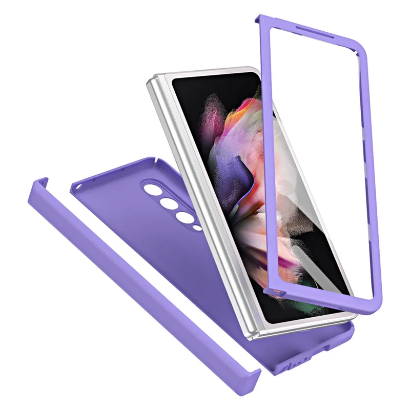 For Samsung Galaxy Z Fold3 5G Macaron Hard PC Phone Cover with Front Screen Film Kickstand Case Support Magnetic Car Mount - Purple