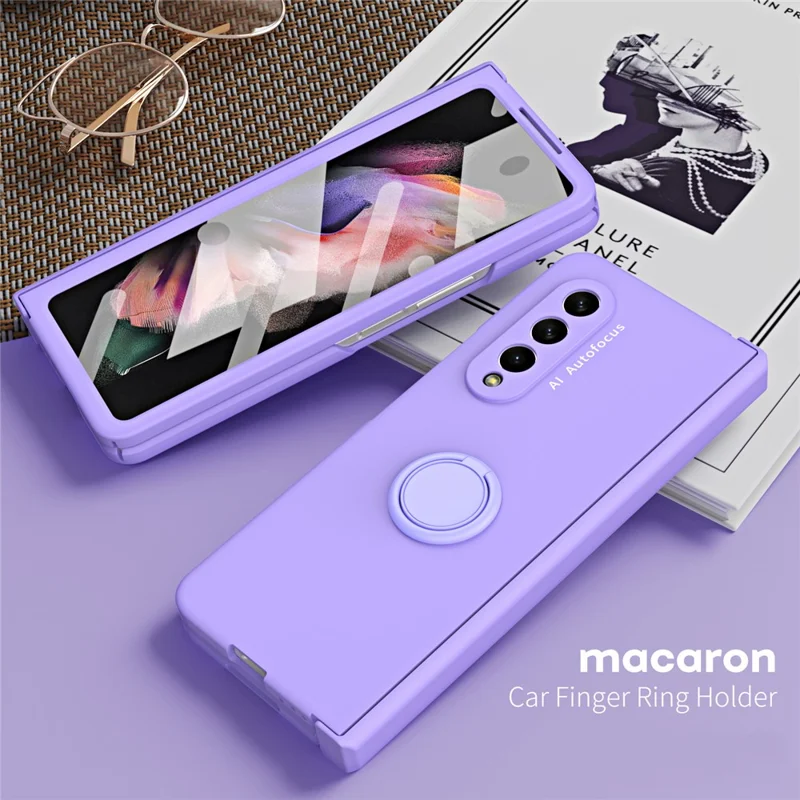 For Samsung Galaxy Z Fold3 5G Macaron Hard PC Phone Cover with Front Screen Film Kickstand Case Support Magnetic Car Mount - Purple