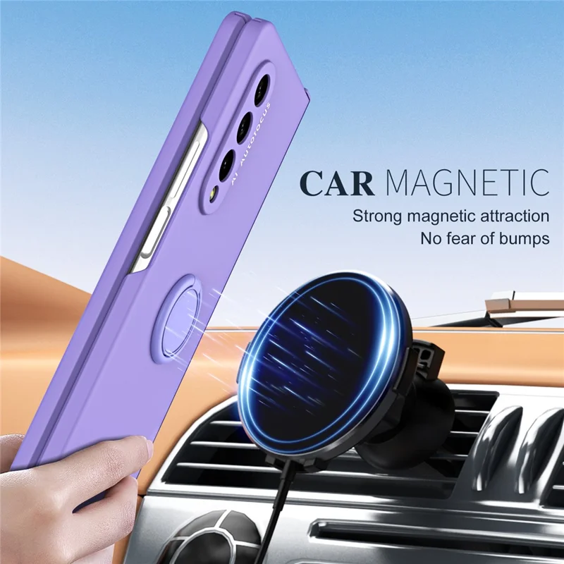 For Samsung Galaxy Z Fold3 5G Macaron Hard PC Phone Cover with Front Screen Film Kickstand Case Support Magnetic Car Mount - Purple