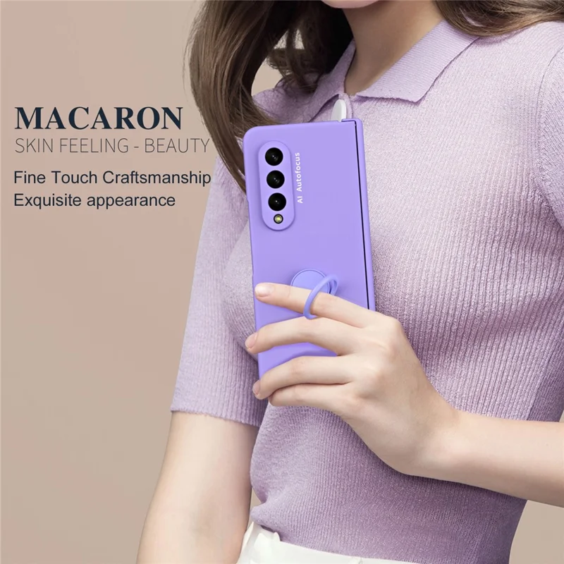 For Samsung Galaxy Z Fold3 5G Macaron Hard PC Phone Cover with Front Screen Film Kickstand Case Support Magnetic Car Mount - Purple