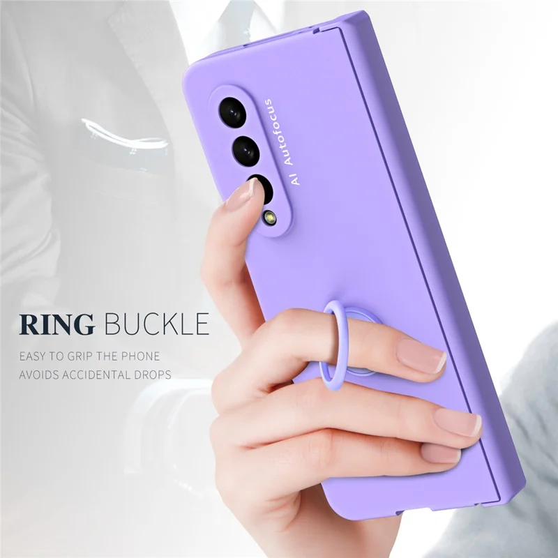 For Samsung Galaxy Z Fold3 5G Macaron Hard PC Phone Cover with Front Screen Film Kickstand Case Support Magnetic Car Mount - Purple
