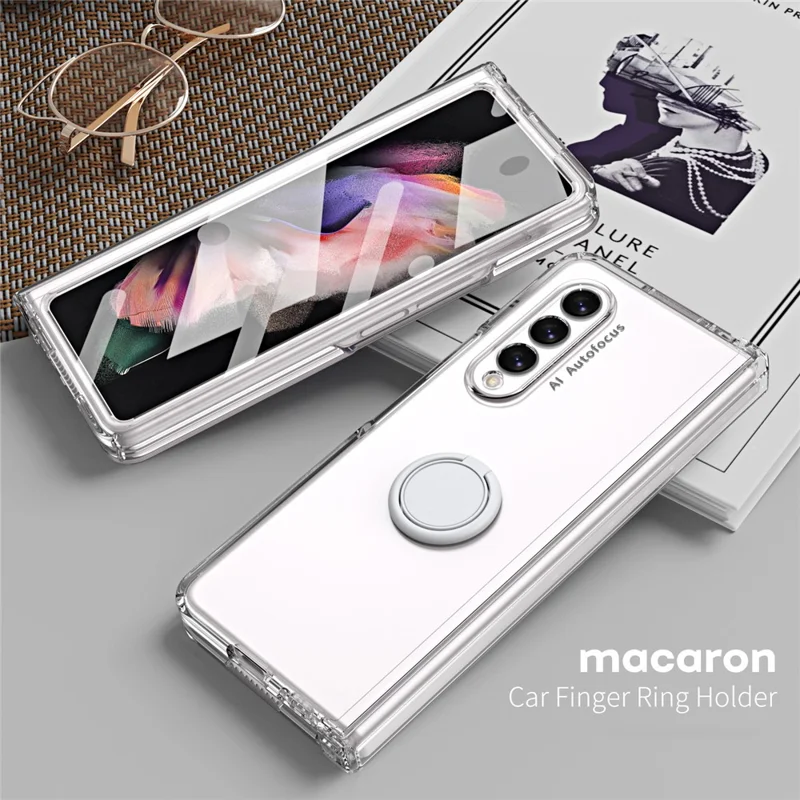 Per Samsung Galaxy Z Fold3 5G Macaron Hard PC Phone Cover con Front Screen Film Kickstand Case Support Magnetic Car Mount - Trasparente