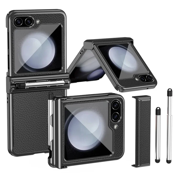For Samsung Galaxy Z Flip5 5G Litchi Texture Phone Case Double Hinge Design Leather Coated PC Electroplating Cover with Stylus Pen - Black  /  Black