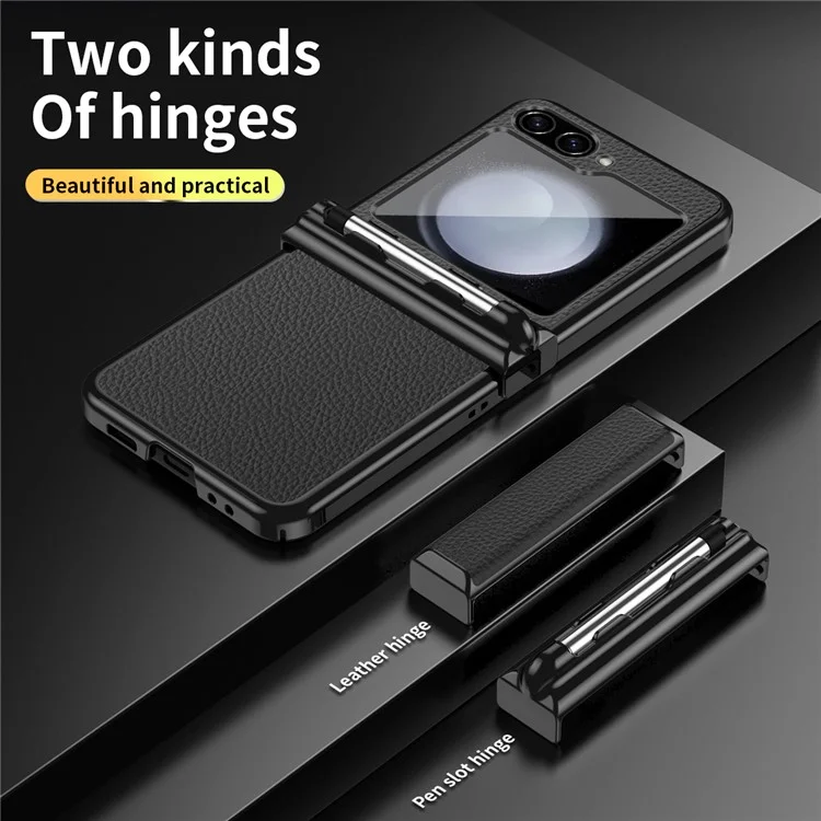 For Samsung Galaxy Z Flip5 5G Litchi Texture Phone Case Double Hinge Design Leather Coated PC Electroplating Cover with Stylus Pen - Black  /  Black