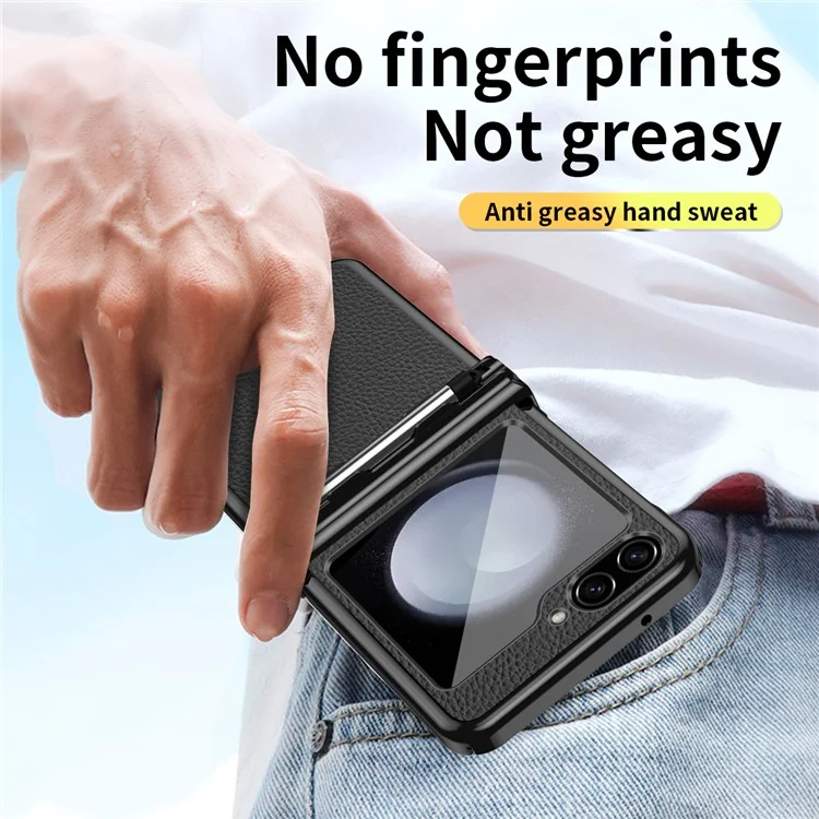 For Samsung Galaxy Z Flip5 5G Litchi Texture Phone Case Double Hinge Design Leather Coated PC Electroplating Cover with Stylus Pen - Black  /  Black