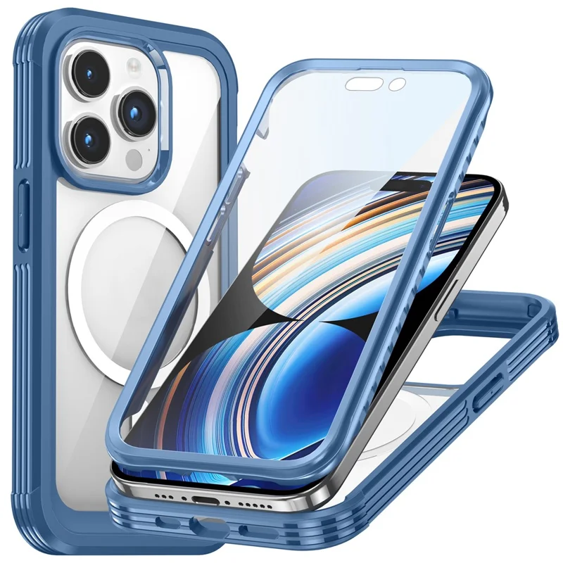 جراب لهاتف iPhone 15 Pro Max مقاوم للسقوط مصنوع من البولي كربونات والمطاط الحراري مع واقي شاشة من الزجاج المقوى - أزرق داكن