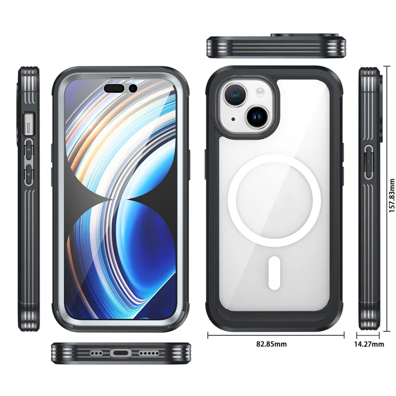 For iPhone 15 Phone Case PC + TPU Clear Cover with Tempered Glass Screen Protector - Black