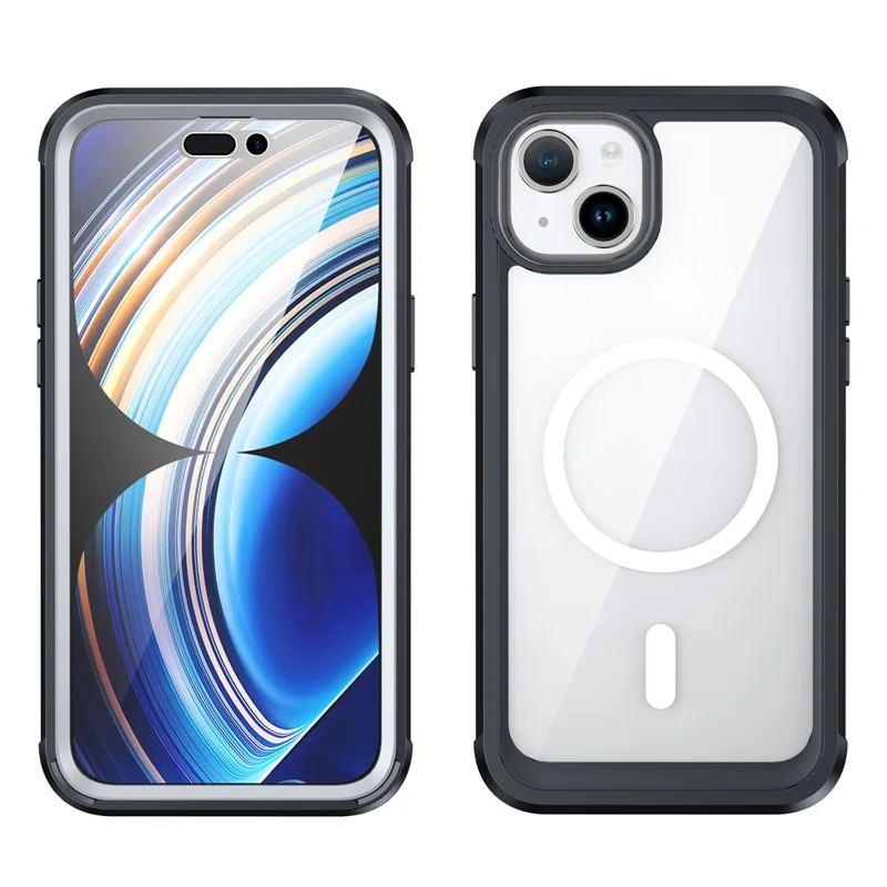 Para iPhone 15 Plus Capa de Telefone Transparente PC + Capa de TPU com Protetor de Tela de Vidro Temperado - Preto