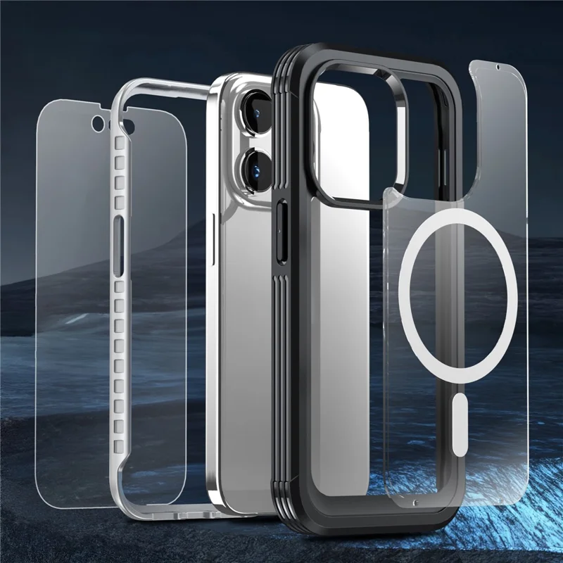 For iPhone 15 Pro Phone Case PC + TPU Fall Protection Cover with Tempered Glass Screen Protector - Black
