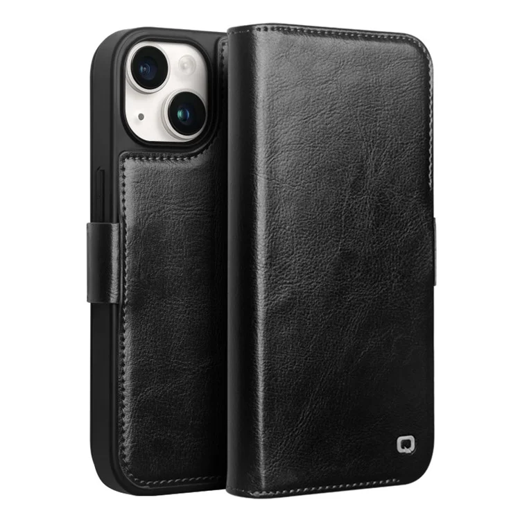QIALINO для iPhone 15 Genuine Cow Leather+TPU Anti-drop Phone Case Stand Wallet Cover - Black