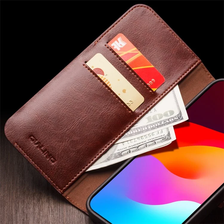 QIALINO для iPhone 15 Genuine Cow Leather+TPU Anti-drop Phone Case Stand Wallet Cover - Black