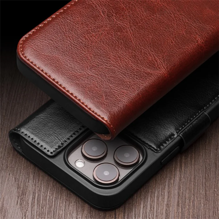 QIALINO для iPhone 15 Genuine Cow Leather+TPU Anti-drop Phone Case Stand Wallet Cover - Black