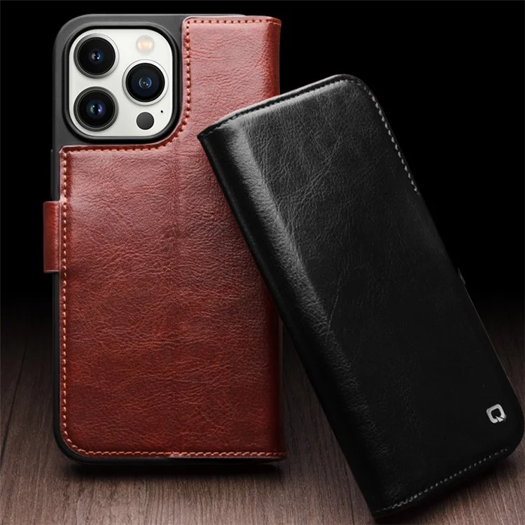QIALINO для iPhone 15 Genuine Cow Leather+TPU Anti-drop Phone Case Stand Wallet Cover - Black