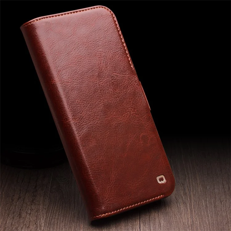 QIALINO для iPhone 15 Genuine Cow Leather+TPU Anti-drop Phone Case Stand Wallet Cover - Black