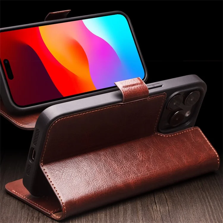 QIALINO для iPhone 15 Genuine Cow Leather+TPU Anti-drop Phone Case Stand Wallet Cover - Black