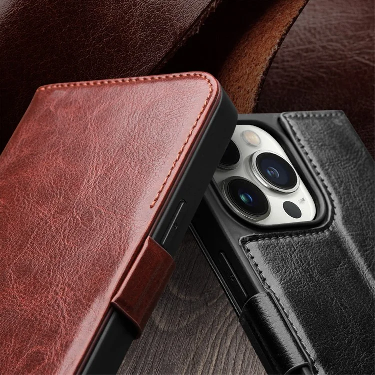 QIALINO для iPhone 15 Genuine Cow Leather+TPU Anti-drop Phone Case Stand Wallet Cover - Black