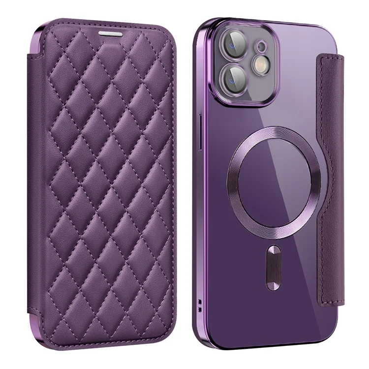 For iPhone 12 6.1 inch Card Holder Leather Phone Case Compatible with MagSafe Built-in Lens Film RFID Blocking Cover - Purple