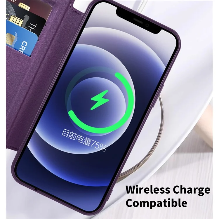 For iPhone 12 6.1 inch Card Holder Leather Phone Case Compatible with MagSafe Built-in Lens Film RFID Blocking Cover - Purple
