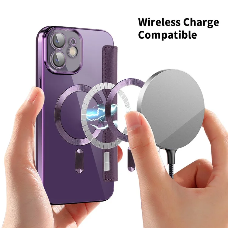 For iPhone 12 6.1 inch Card Holder Leather Phone Case Compatible with MagSafe Built-in Lens Film RFID Blocking Cover - Purple