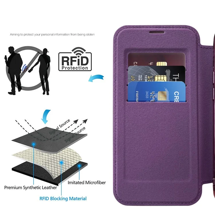 For iPhone 12 6.1 inch Card Holder Leather Phone Case Compatible with MagSafe Built-in Lens Film RFID Blocking Cover - Purple