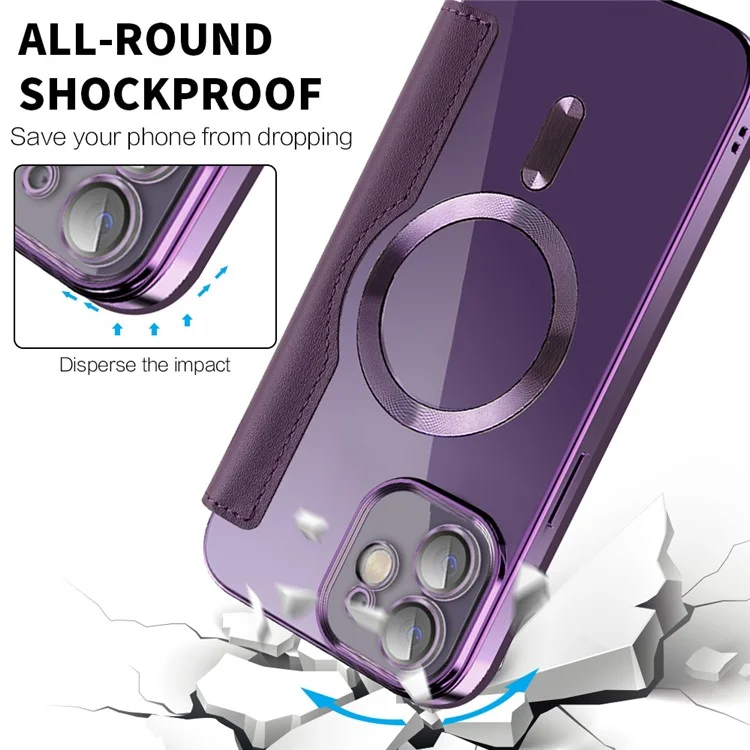 For iPhone 12 6.1 inch Card Holder Leather Phone Case Compatible with MagSafe Built-in Lens Film RFID Blocking Cover - Purple