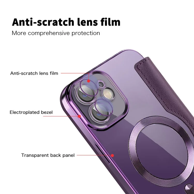For iPhone 12 6.1 inch Card Holder Leather Phone Case Compatible with MagSafe Built-in Lens Film RFID Blocking Cover - Purple