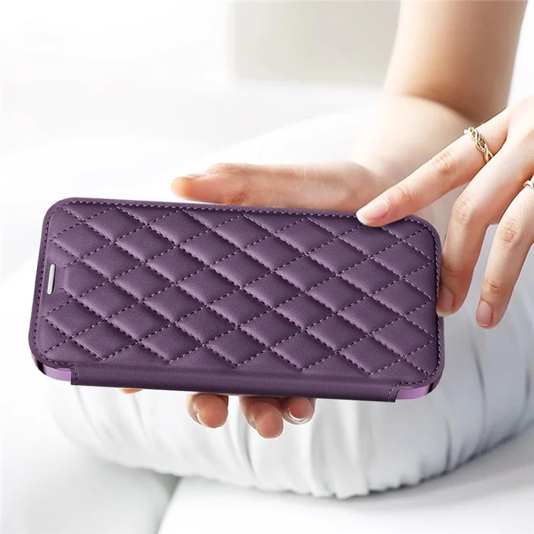 For iPhone 12 6.1 inch Card Holder Leather Phone Case Compatible with MagSafe Built-in Lens Film RFID Blocking Cover - Purple