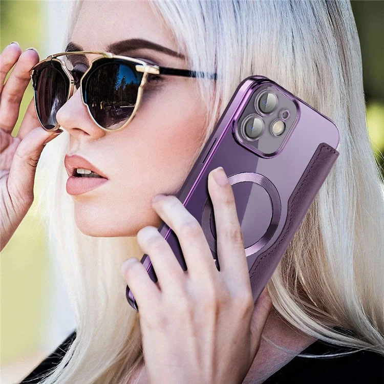 For iPhone 12 6.1 inch Card Holder Leather Phone Case Compatible with MagSafe Built-in Lens Film RFID Blocking Cover - Purple