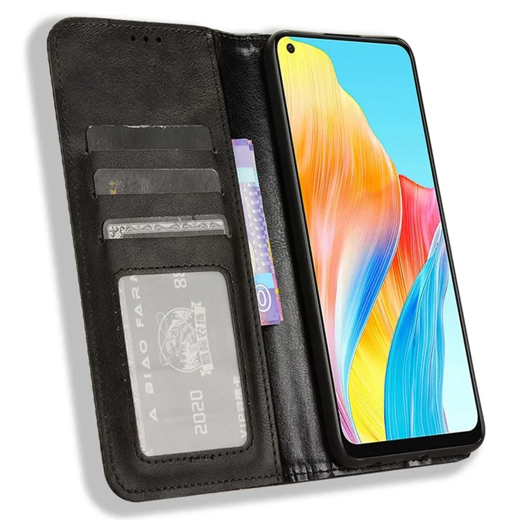 Para Oppo A58 4G Cartera Teléfono Soporte de Pie Caso Retro Cuero PU Anti-arañazos Cubierta de Teléfono - Negro
