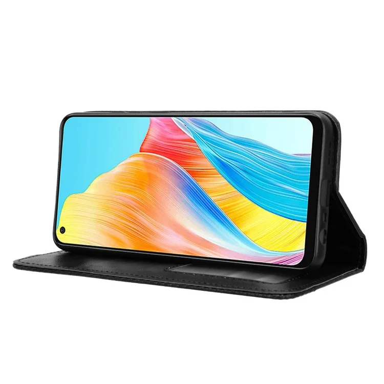 Para Oppo A58 4G Cartera Teléfono Soporte de Pie Caso Retro Cuero PU Anti-arañazos Cubierta de Teléfono - Negro