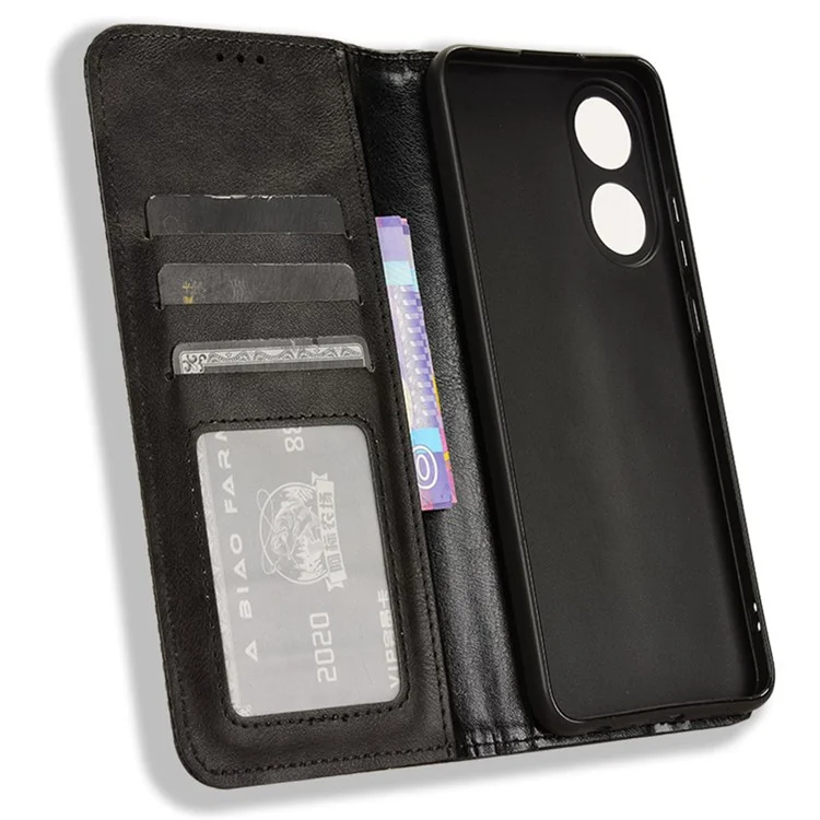 Para Oppo A58 4G Cartera Teléfono Soporte de Pie Caso Retro Cuero PU Anti-arañazos Cubierta de Teléfono - Negro