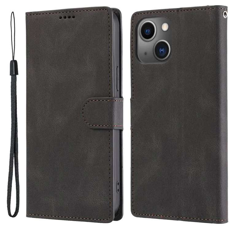 For iPhone 15 Magnetic Stand Wallet Dustproof PU Leather Phone Cover Cell Phone Case with Strap - Black