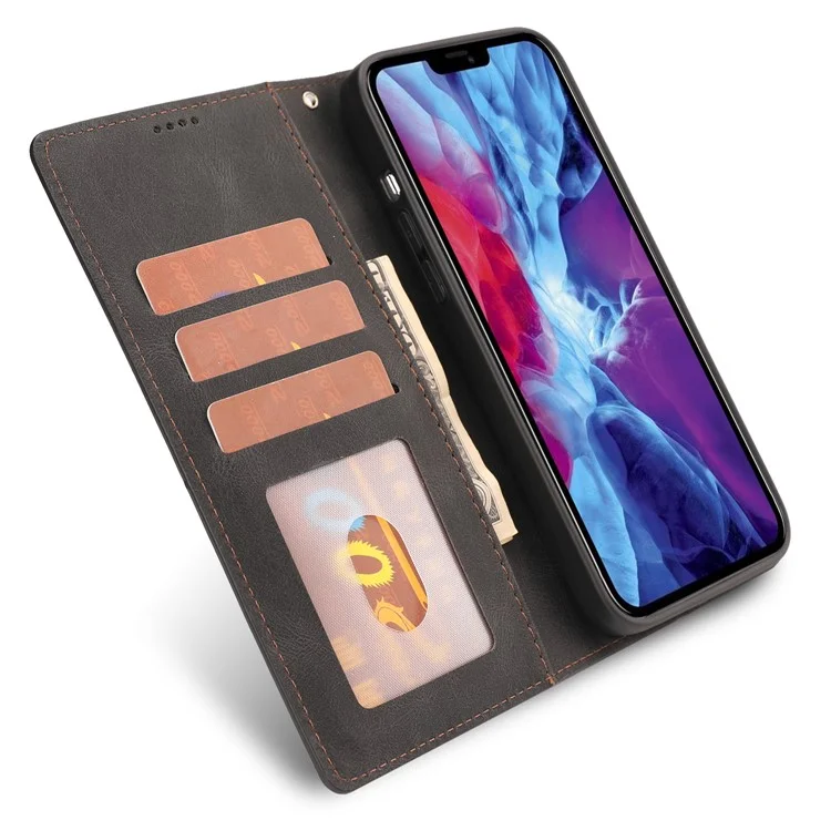 For iPhone 15 Magnetic Stand Wallet Dustproof PU Leather Phone Cover Cell Phone Case with Strap - Black