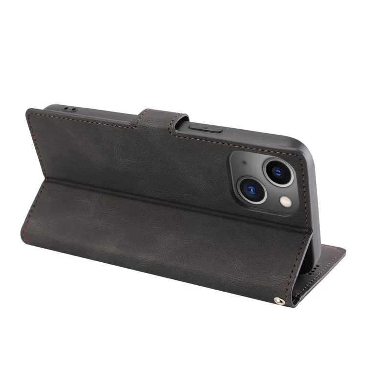 For iPhone 15 Magnetic Stand Wallet Dustproof PU Leather Phone Cover Cell Phone Case with Strap - Black