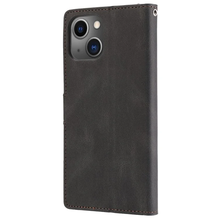 For iPhone 15 Magnetic Stand Wallet Dustproof PU Leather Phone Cover Cell Phone Case with Strap - Black