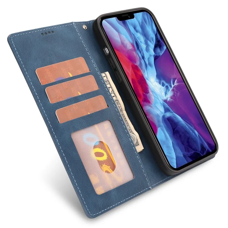 Para iPhone 15 Plus Slim-Fit Case de Telefone Celular Magnético Stand Wallet PU Leather Phone Cover com Alça - Azul