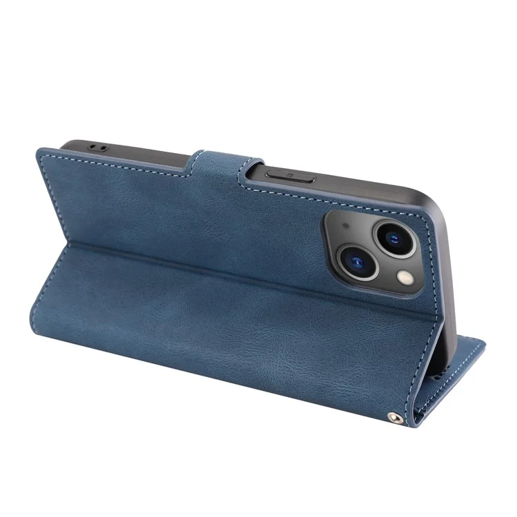 Para iPhone 15 Plus Slim-Fit Case de Telefone Celular Magnético Stand Wallet PU Leather Phone Cover com Alça - Azul