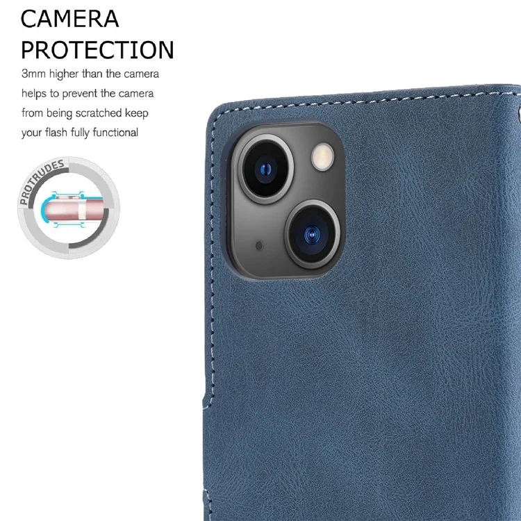 Para iPhone 15 Plus Slim-Fit Case de Telefone Celular Magnético Stand Wallet PU Leather Phone Cover com Alça - Azul