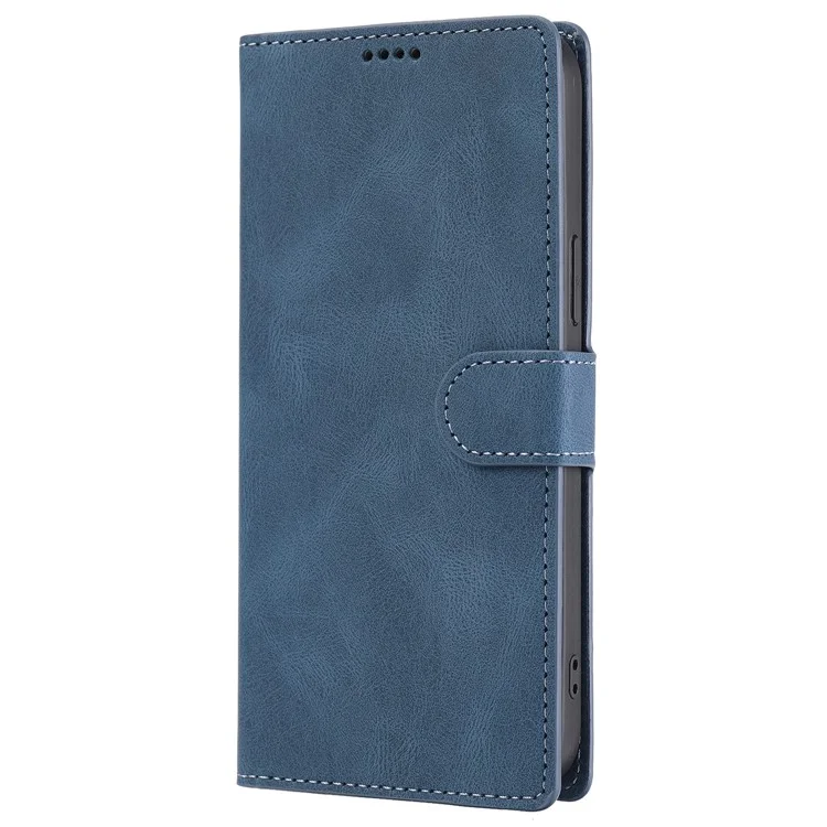 Para iPhone 15 Plus Slim-Fit Case de Telefone Celular Magnético Stand Wallet PU Leather Phone Cover com Alça - Azul