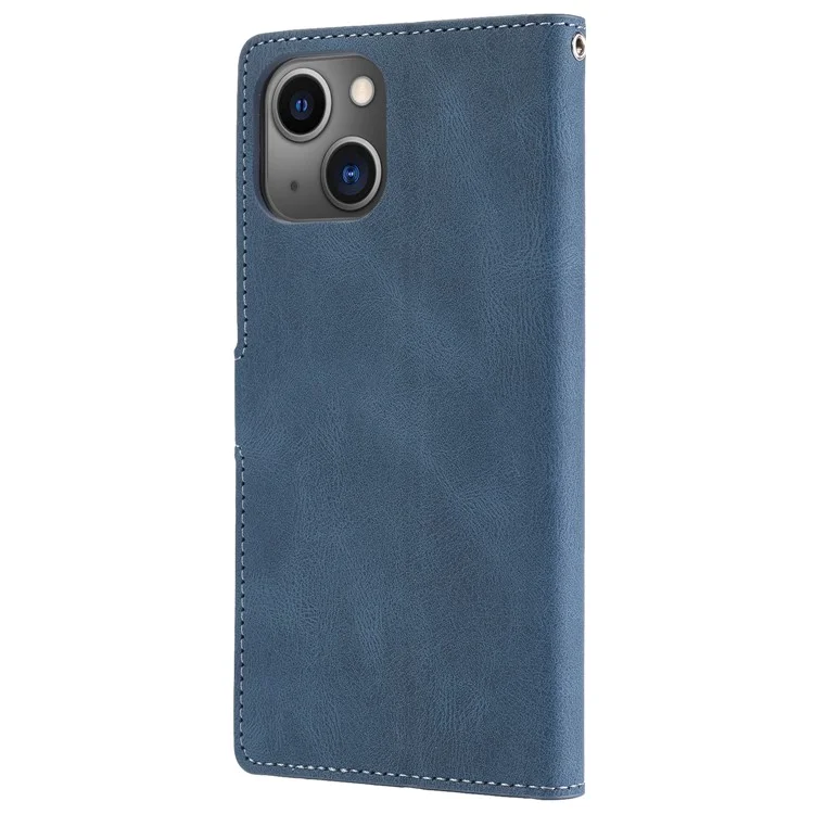 Para iPhone 15 Plus Slim-Fit Case de Telefone Celular Magnético Stand Wallet PU Leather Phone Cover com Alça - Azul