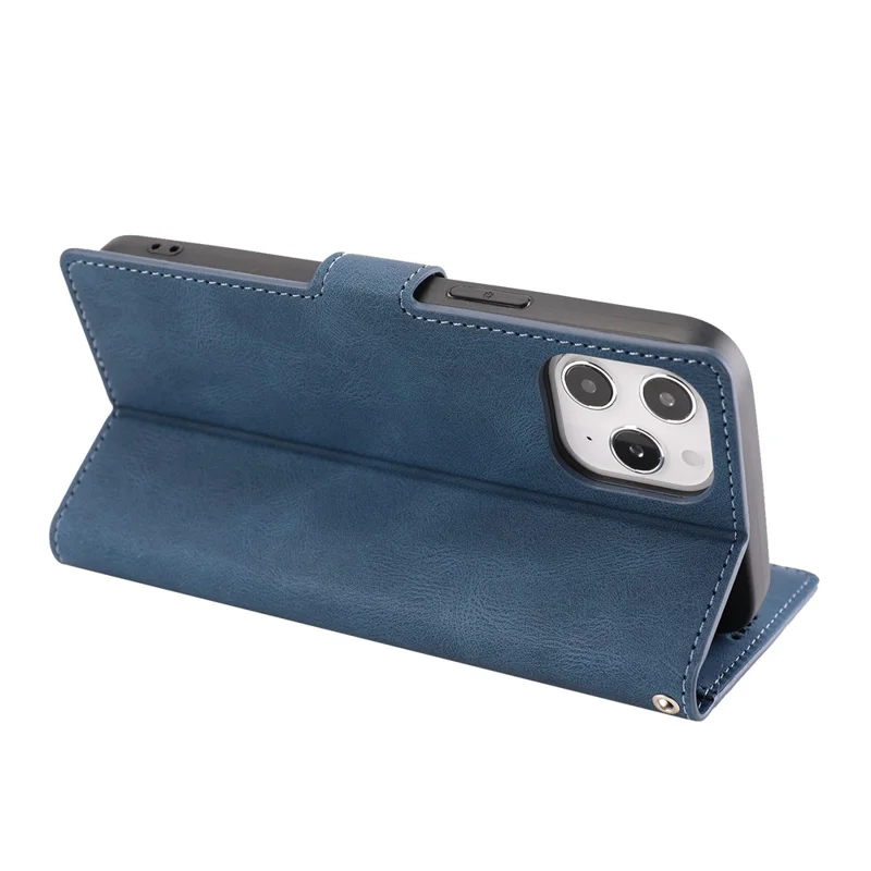 For iPhone 15 Pro Max Cell Phone Case Dustproof PU Leather Magnetic Stand Wallet Phone Cover with Strap - Blue
