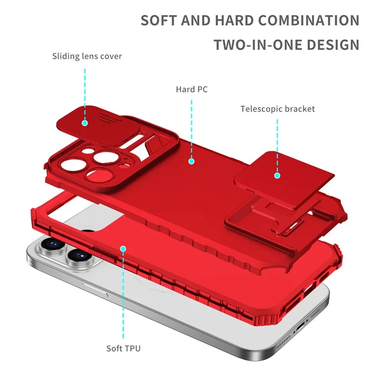 Para iPhone 15 Pro Max Slide Camera Lid PC+TPU Phone Case Anti-drop Kickstand Back Cover - Rojo