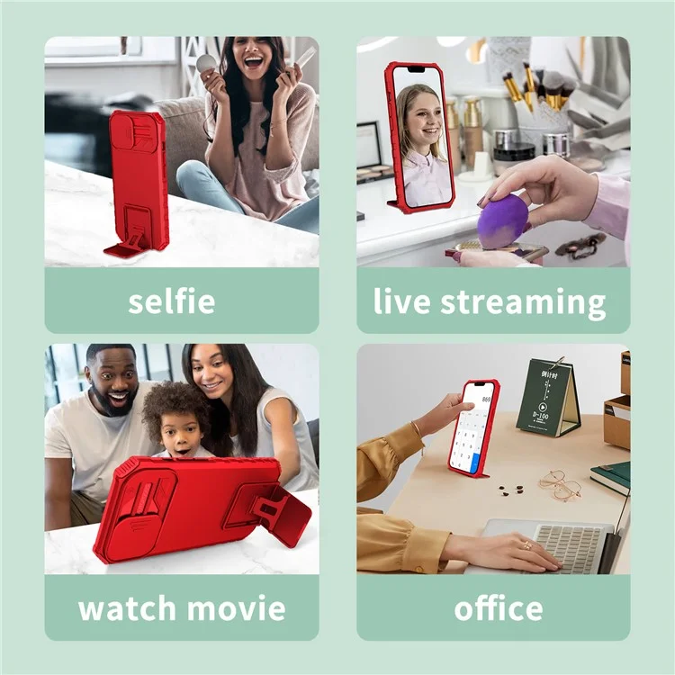 Para iPhone 15 Pro Max Slide Camera Lid PC+TPU Phone Case Anti-drop Kickstand Back Cover - Rojo