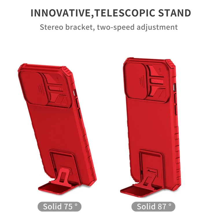 Para iPhone 15 Pro Max Slide Camera Lid PC+TPU Phone Case Anti-drop Kickstand Back Cover - Rojo